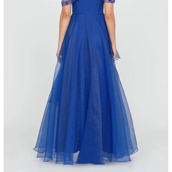 NEW THEIA atlas shawl draped gown in sapphire - Picture 2 of 4